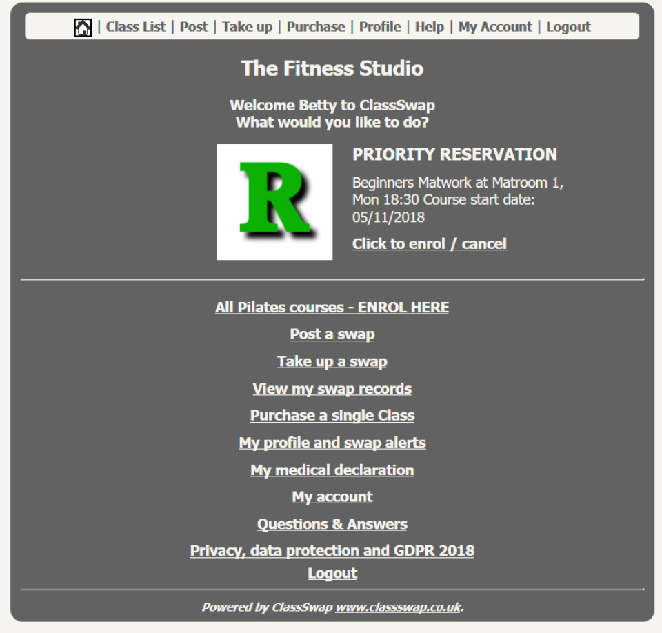 ClassSwap screenshot: ClassSwap client page
