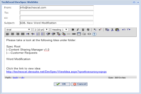 DevSpec Software - DevSpec showing the sharing of a weblink for linking to ideas
