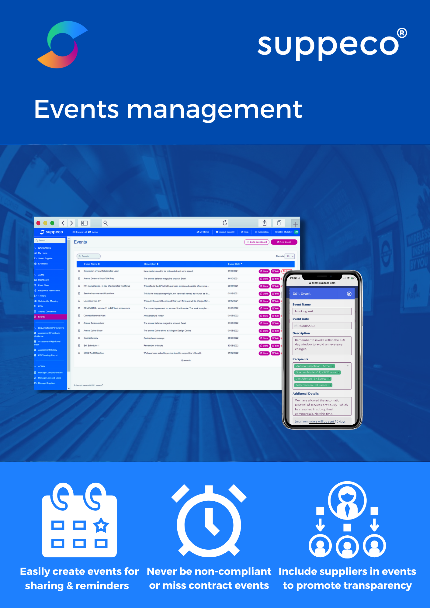 Contract and audit compliance management. Easily create and share events for sharing and reminders. Never be non-compliant or miss contract events. Include suppliers in events to promote transparency.