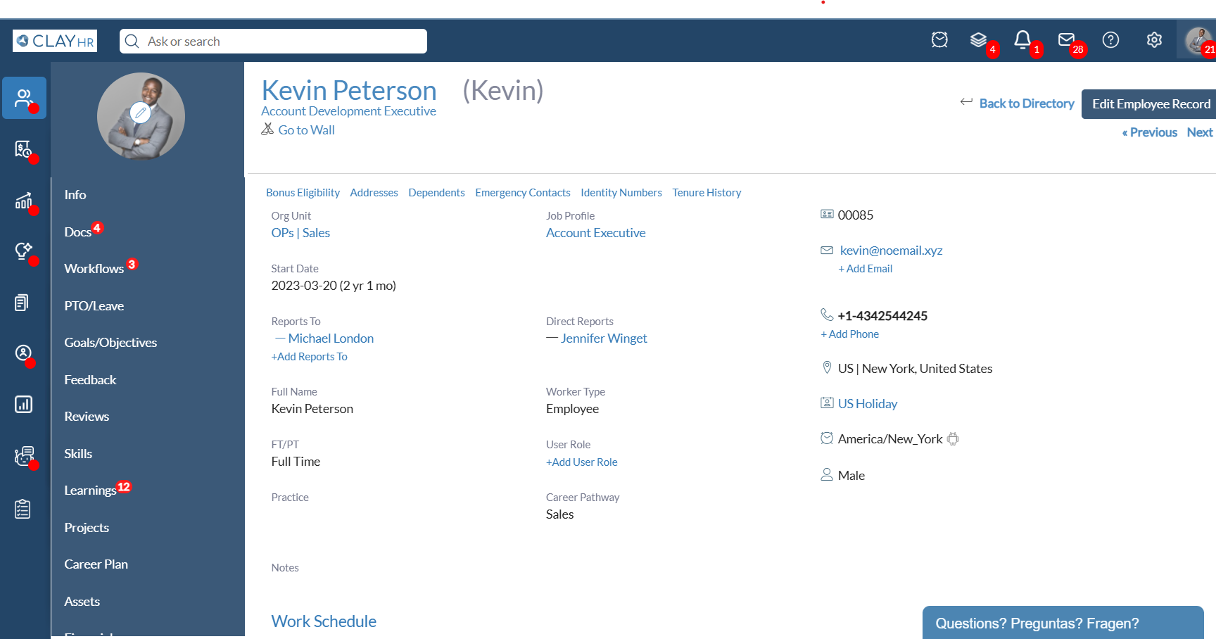 ClayHR screenshot: Create and manage centralized, customizable employee profiles with ClayHR. Track job history, skills, documents, and more—all in one secure place. Boost HR efficiency with a complete view of every employee’s journey. Request a Demo Today!