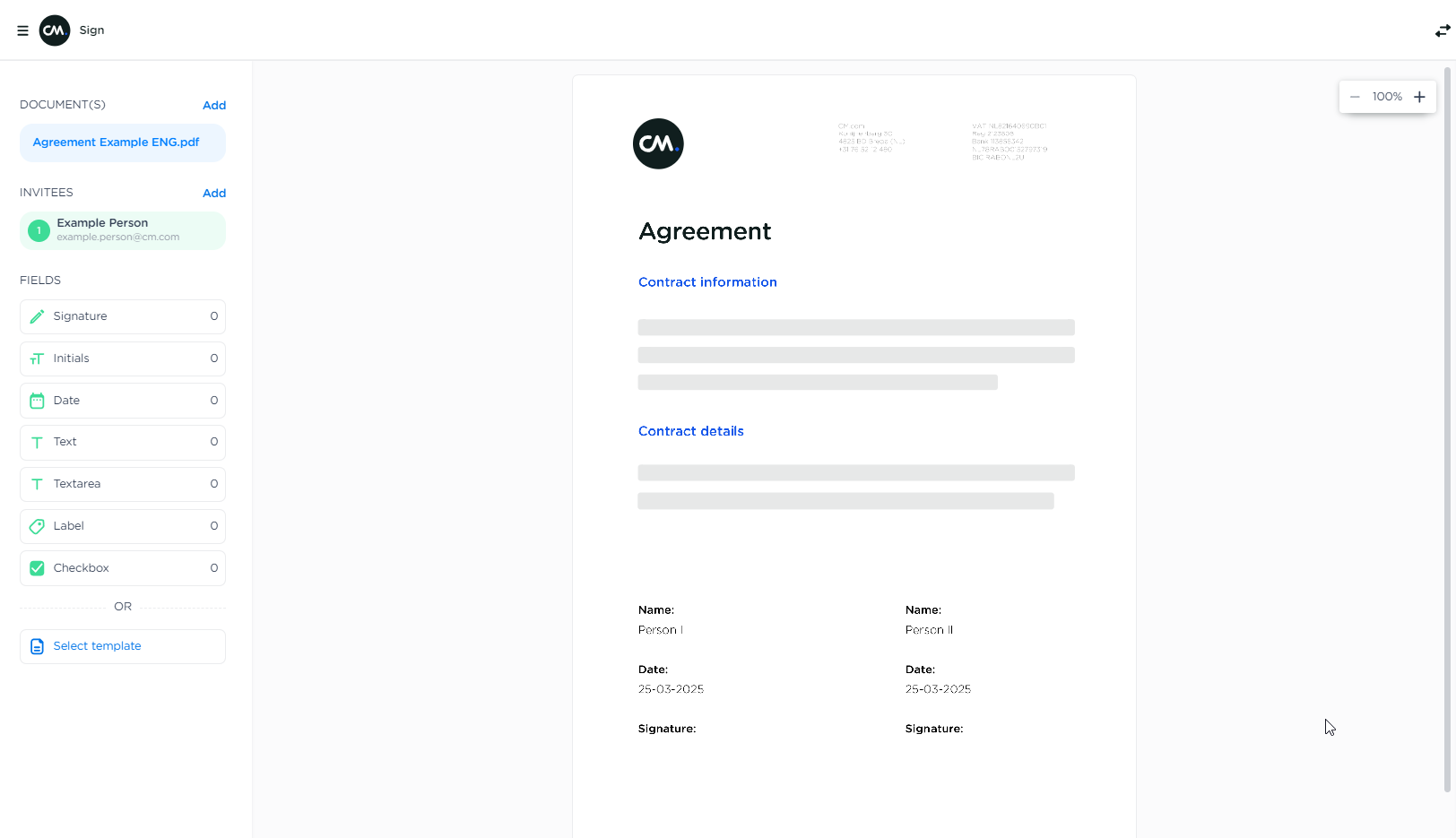 CM.com Sign – Interface for document upload and editing