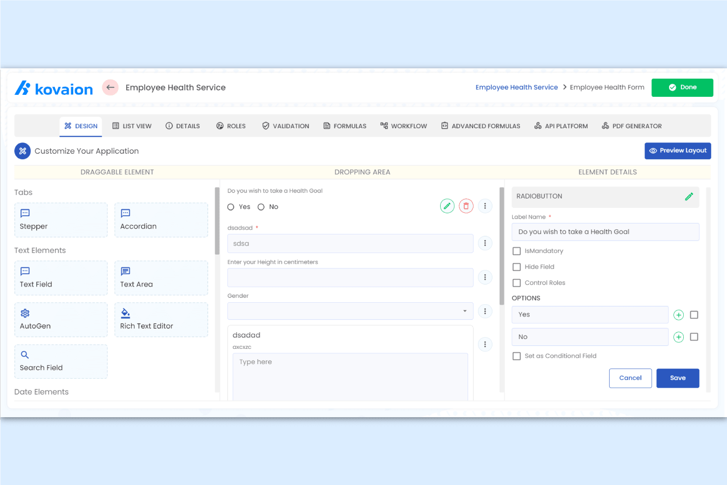 KovaionAI screenshot: Kovaion Low-Code Platform drag-and-drop interface