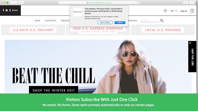 Aimtell screenshot: Visitors can subscribe by clicking on opt-in prompts