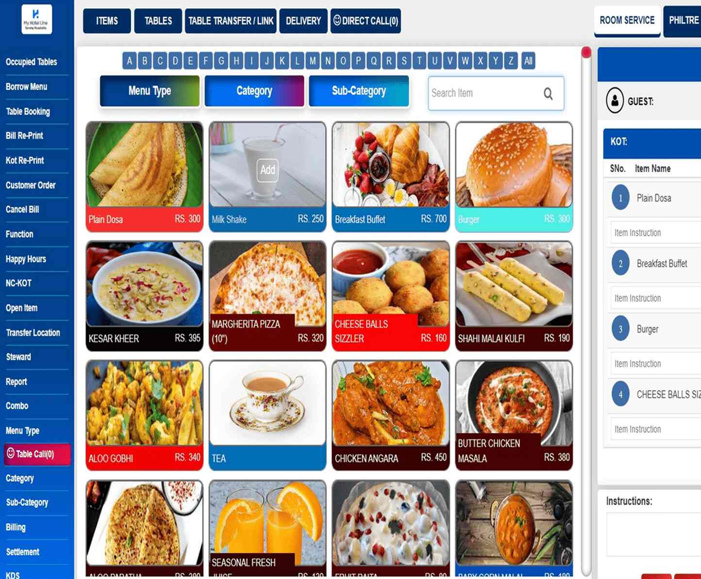 MyHotelLine POS screenshot: MyHotelLine POS ordering
