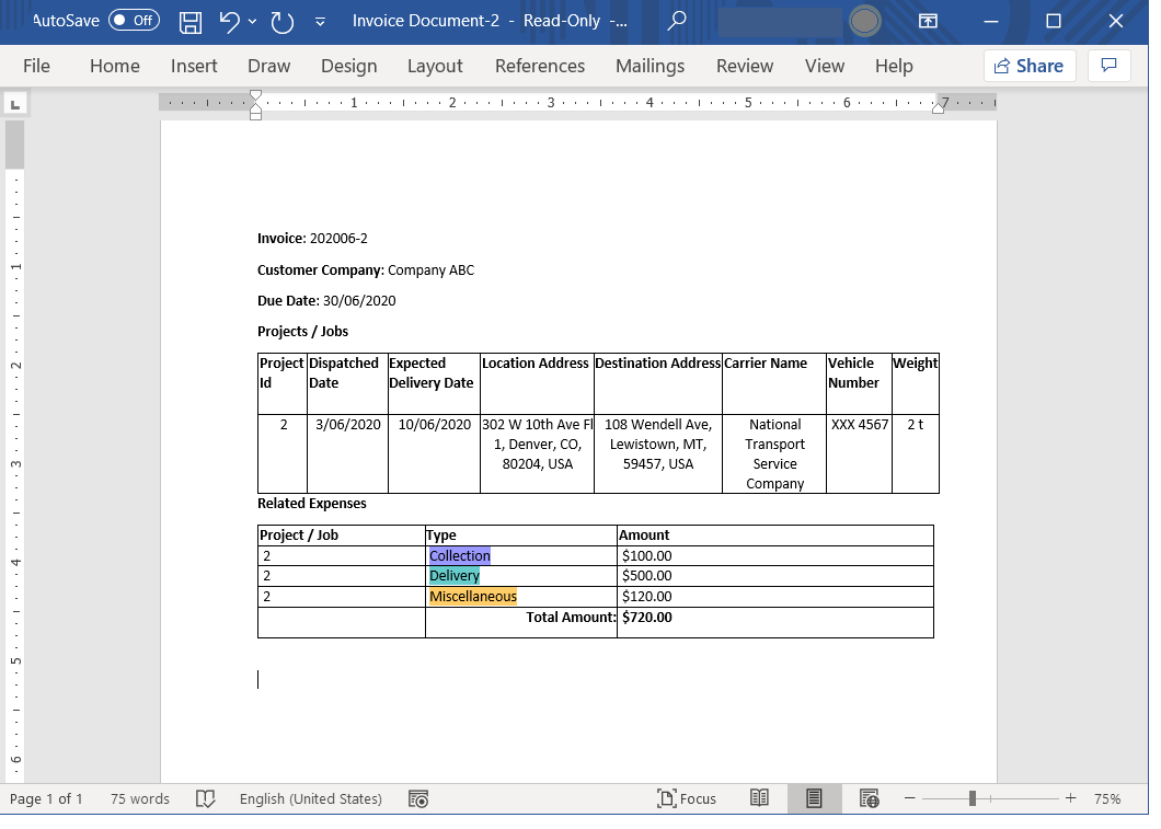 TeamDesk Software - Generated Document example