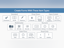 Jolt Software - Create lists and forms with 18 different types of item input options like checkmarks, yes/no, signatures, employee selection, multiple choice, text entry, photos, qr code/barcodes, numbers, and dates/times. Organize sections with text and subtitles.