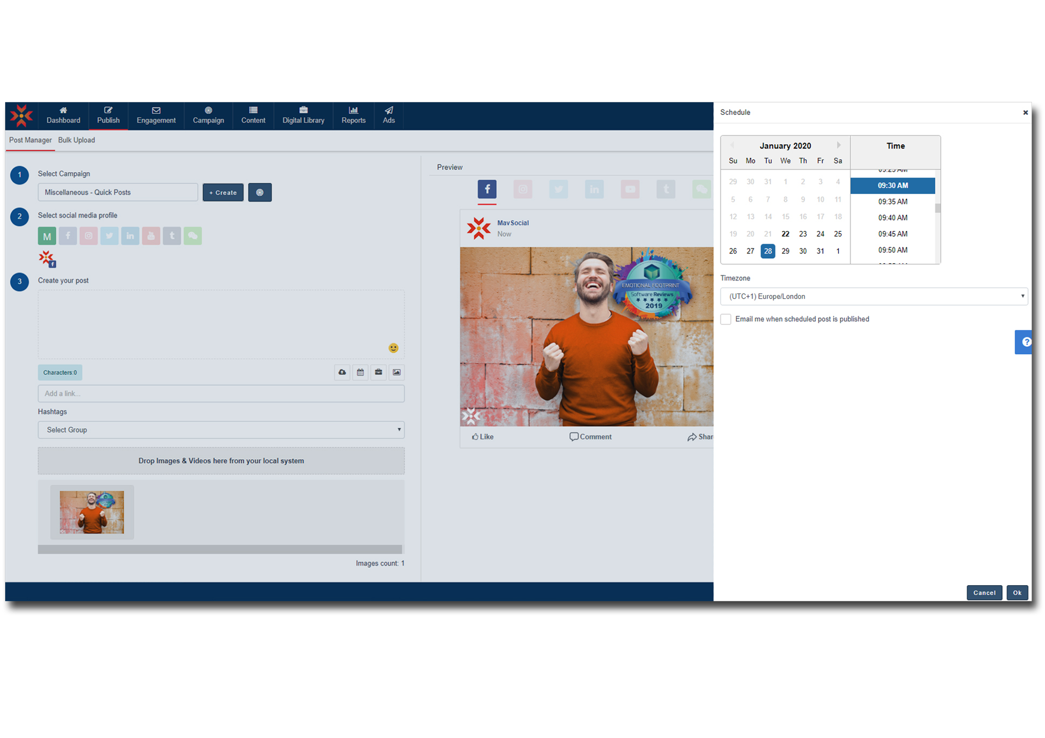 The post manager can be used to schedule posts across multiple networks.