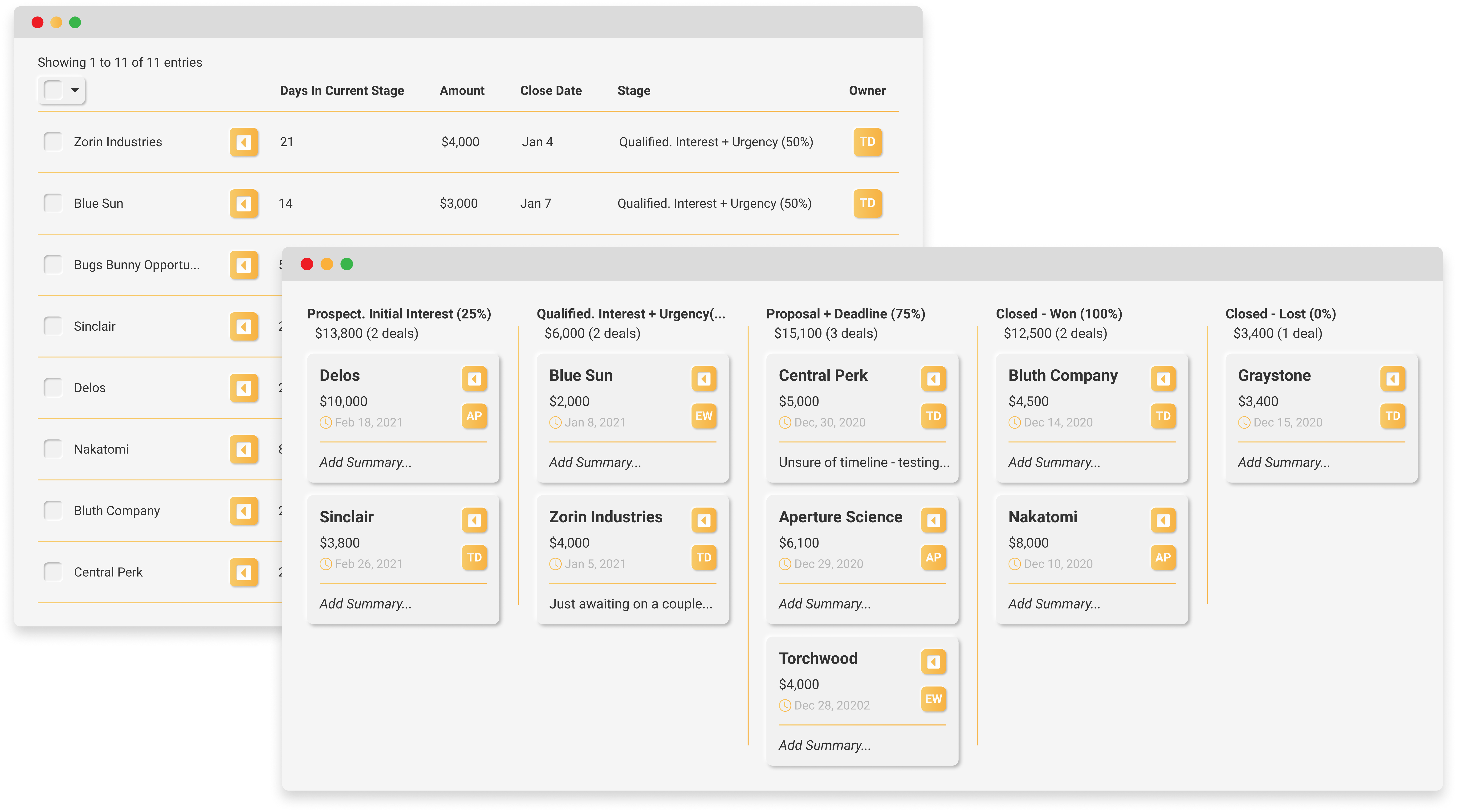 VipeCloud screenshot: Sales pipelines with multiple views. Track multiple pipelines, customize your stages, and what data are shown in kanban view.