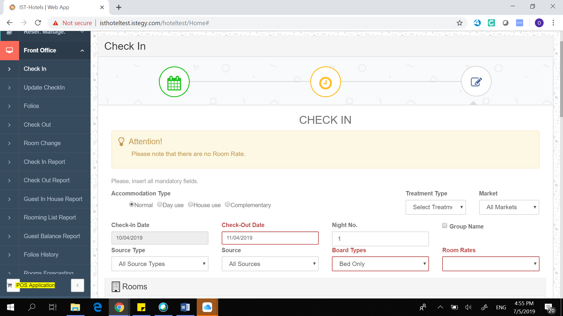 Hotel Management System front office check-in screenshot