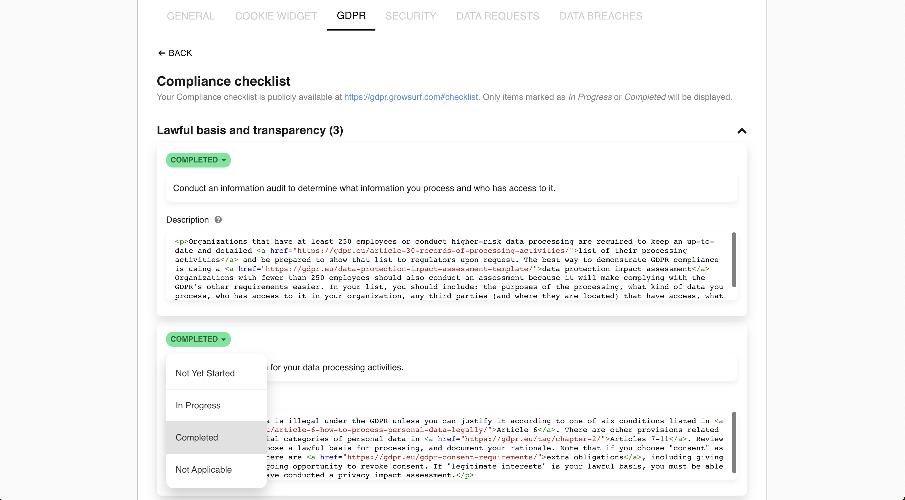 ComplyDog screenshot: ComplyDog GDPR compliance checklists