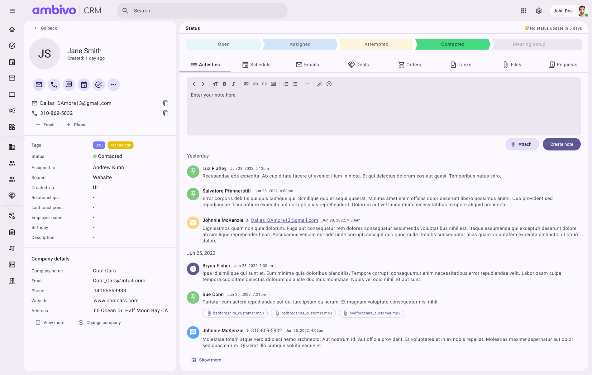 Ambivo screenshot: Manage your contacts notes, communications and schedule. 