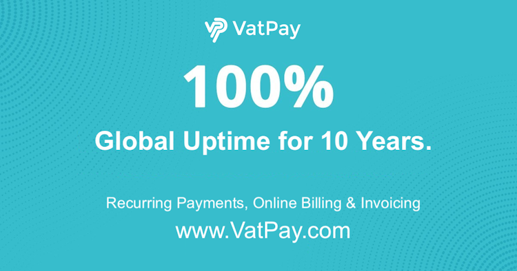VatPay screenshot: VatPay Celebrates 100% Uptime for 10 years.