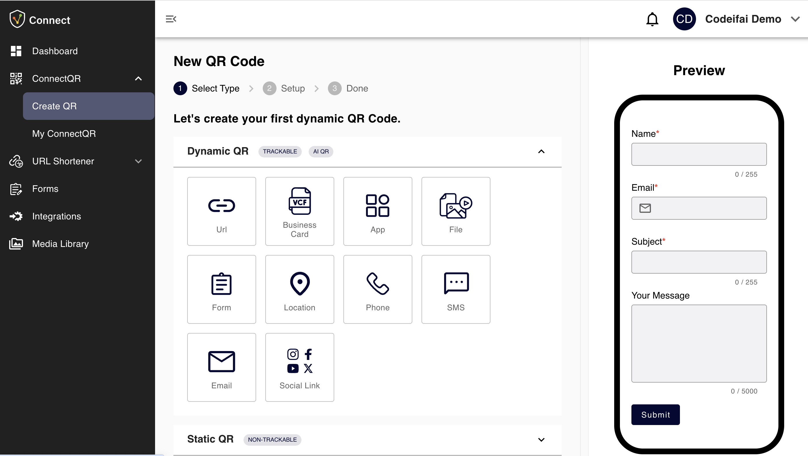 ConnectQR screenshot: ConnectQR Select a QR Type