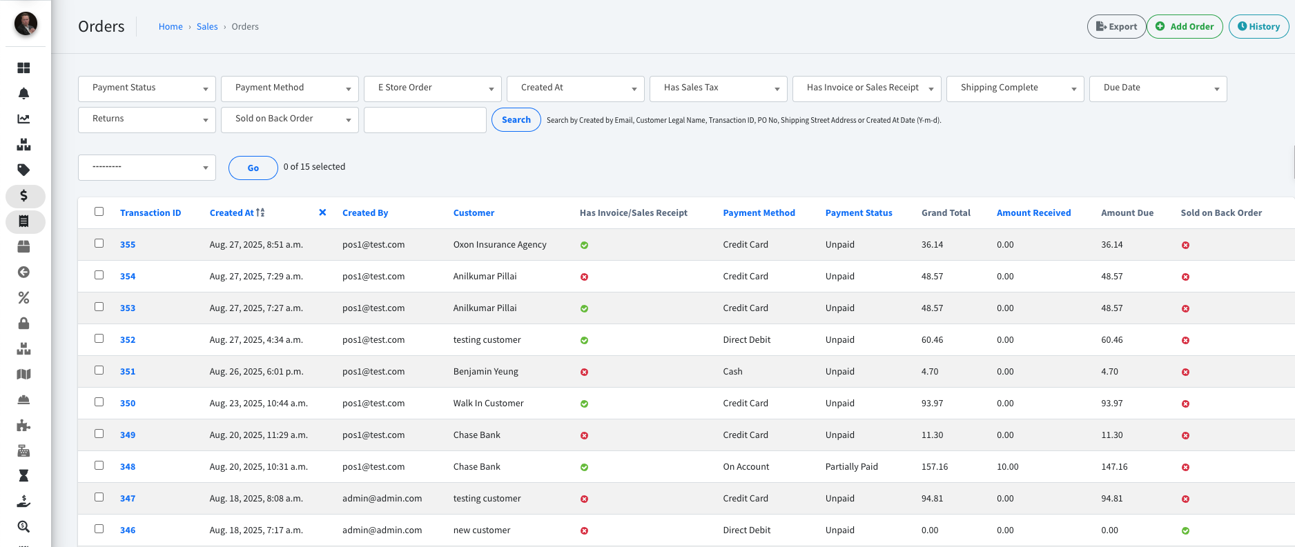 VitalGap screenshot: VitalGap Order Management Screen – View and track customer transactions with payment status and details