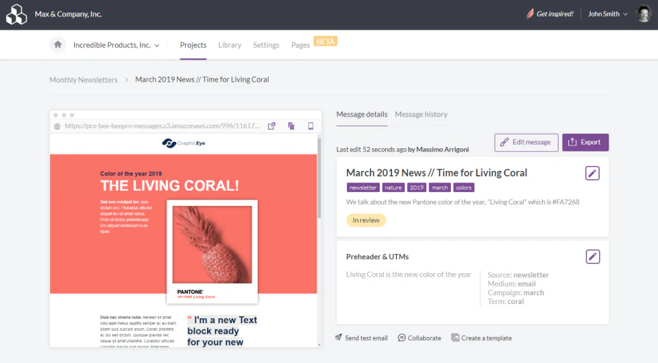View & restore previous versions, export to PDF, download the HTML or push to your favorite marketing app with one click
