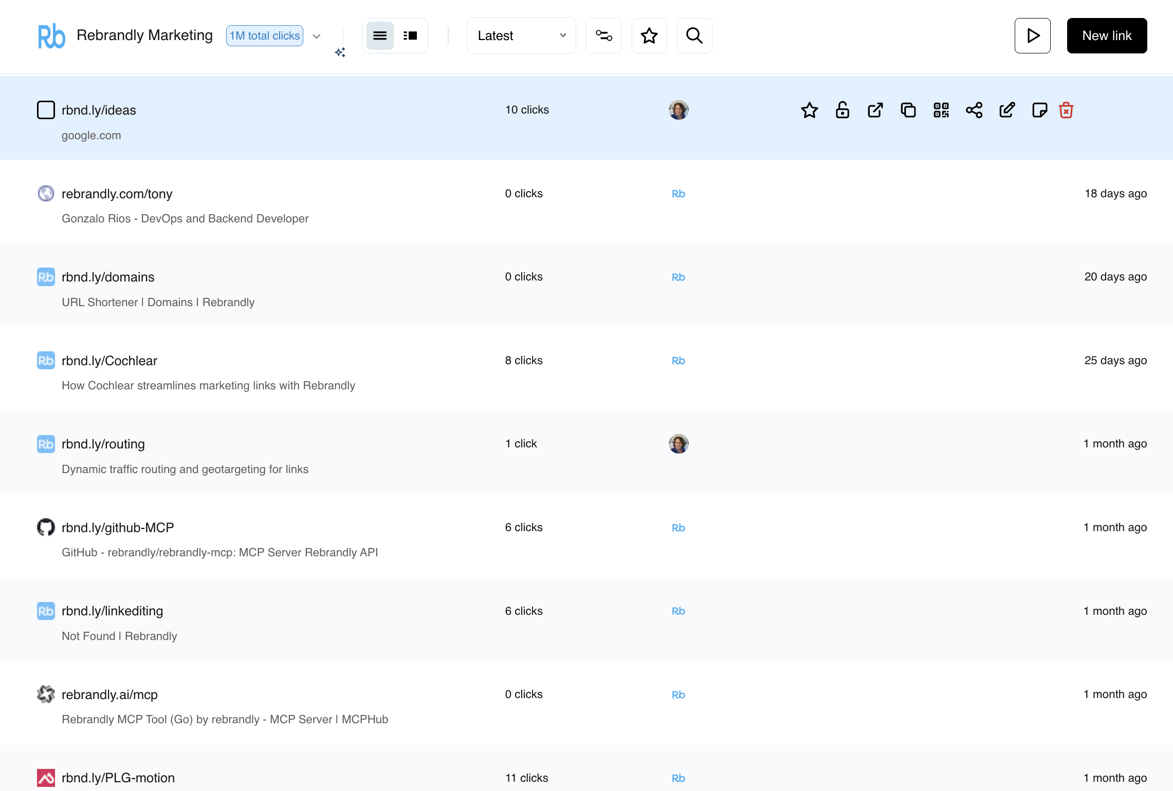Rebrandly  screenshot: Track active links