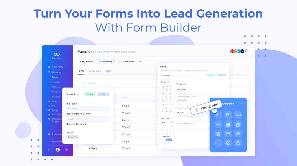 Forms.io screenshot: Drag and drop form builder that helps you to build visually appealing forms with Forms.io as per your requirement and increase your customer engagement and satisfaction.