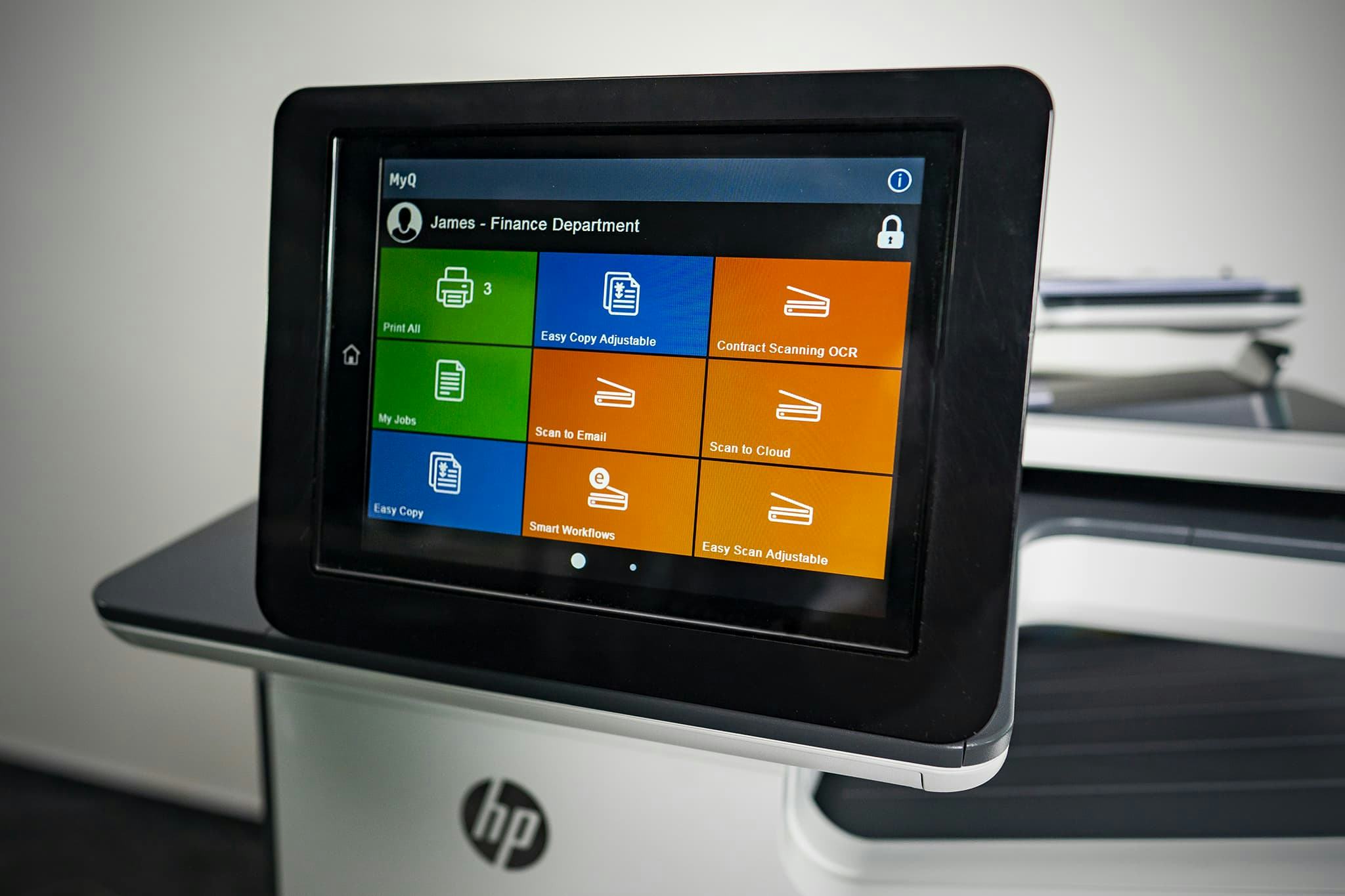 MyQ X Software - The top level menu of the MyQ X Embedded Terminal showing optional actions such as My Jobs, Print All, and Easy Scan. The menu can be customized for each user.