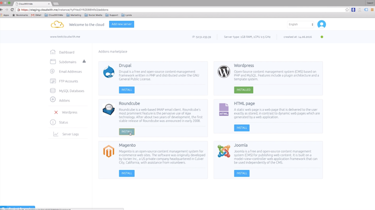 Cloudwith.me screenshot: The platform's addon marketplace