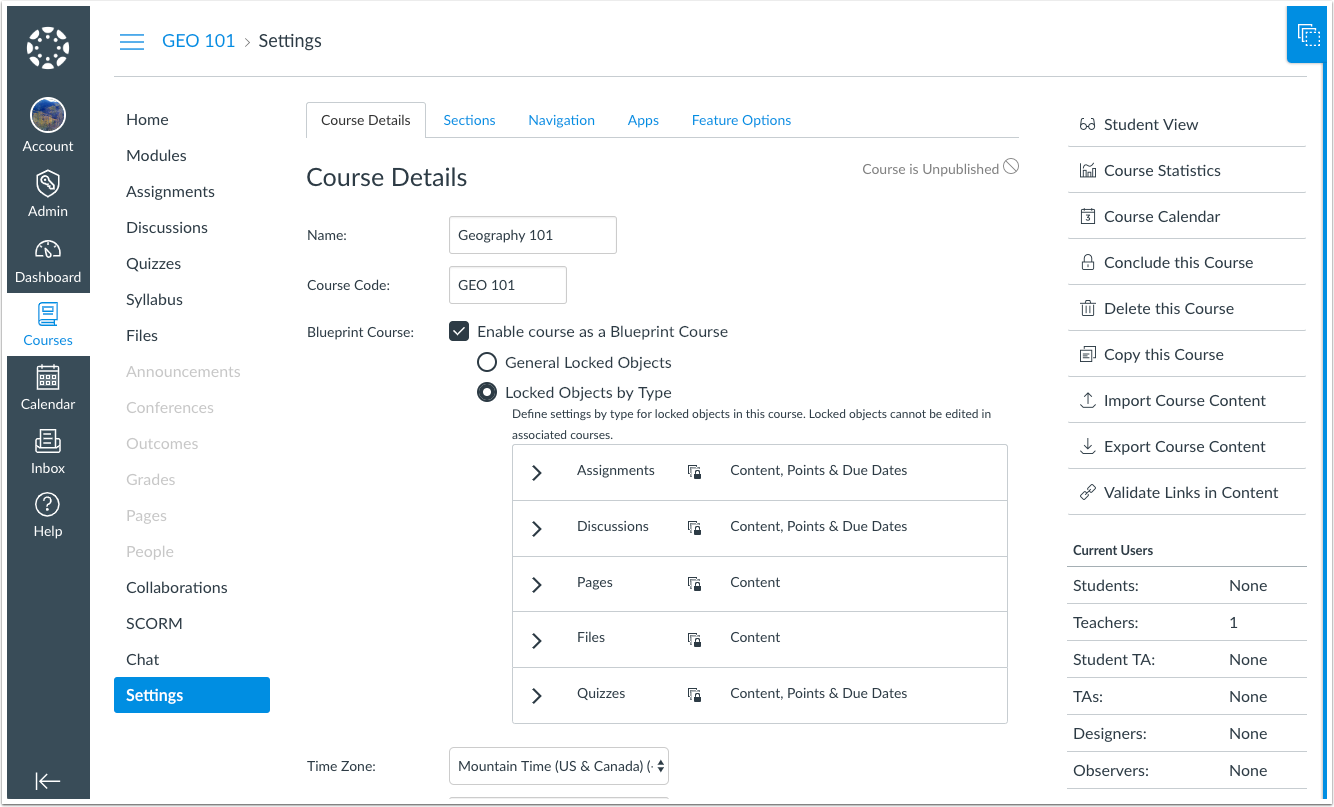 Canvas - Blueprint Course Settings