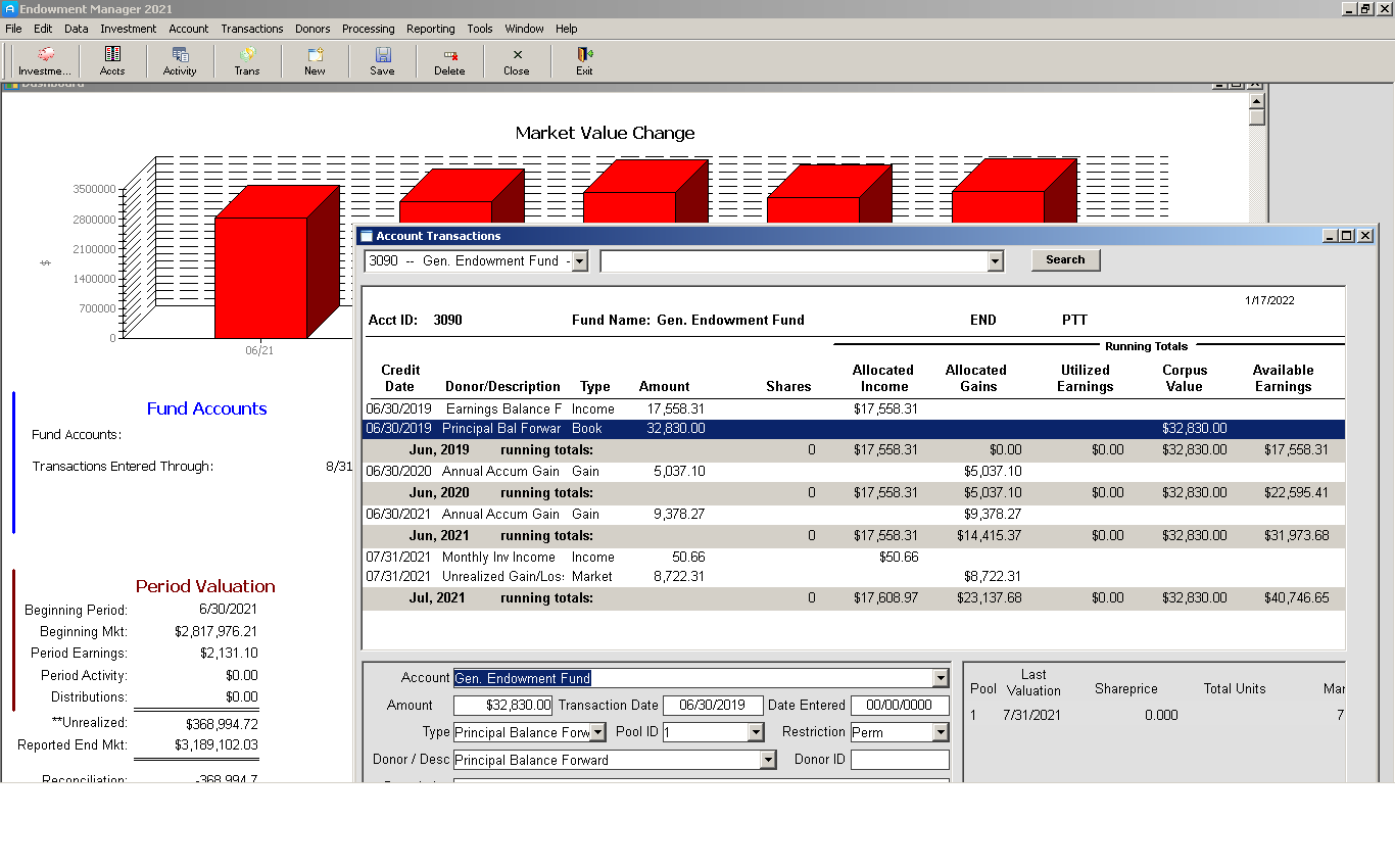 Endowment Manager screenshot: Endowment Manager analytics