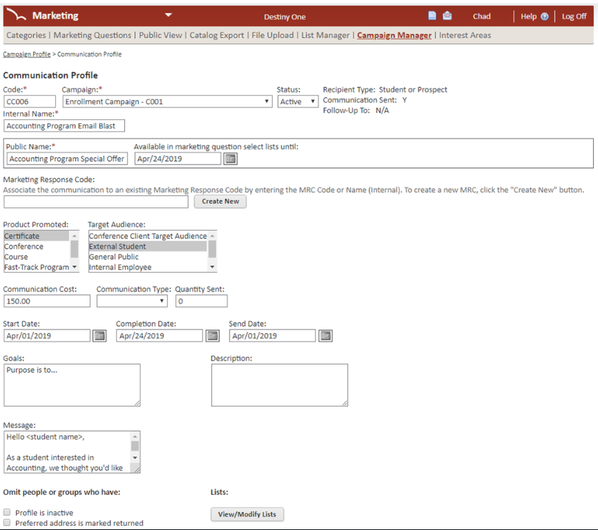 Modern Campus Lifelong Learning Software - Destiny One campaign profile screenshot