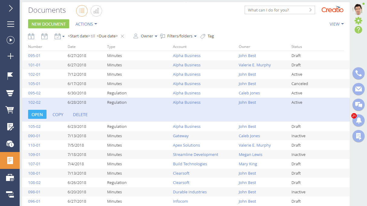 Creatio CRM Software - Document flow automation