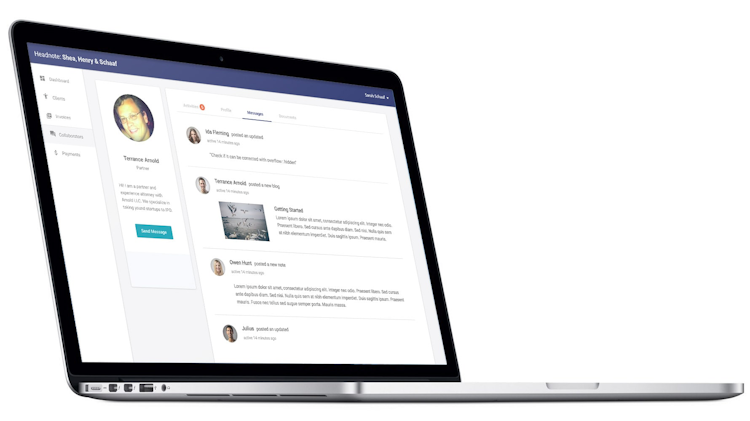 Headnote screenshot: Invite parties to join a wider network, leveraging Headnote's collaboration tools to share contacts, documents and communications among case colleagues
