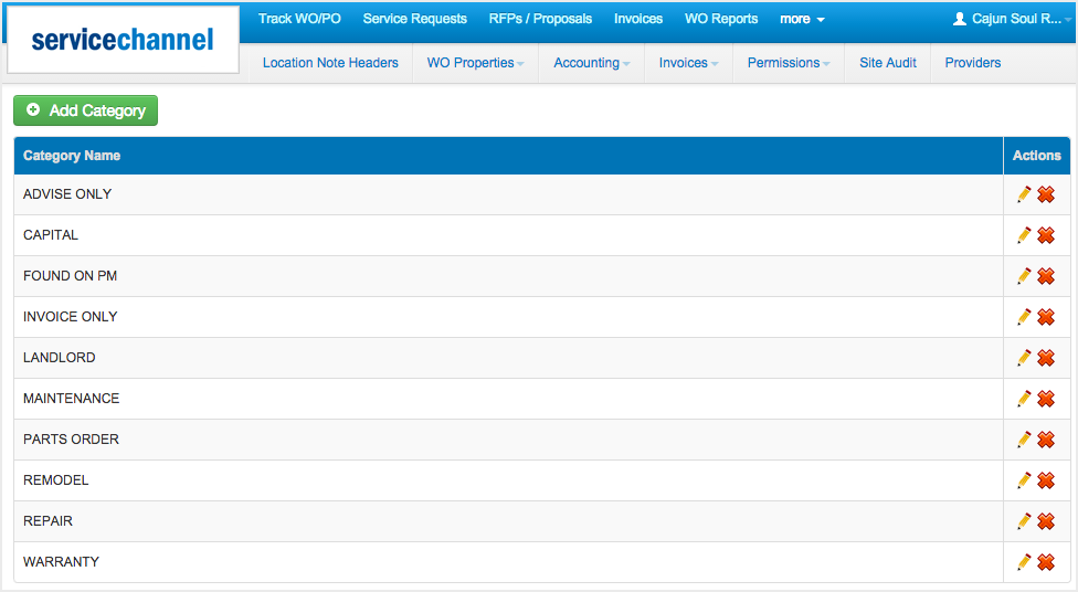 ServiceChannel Software - Add or edit categories as required within service automation admin