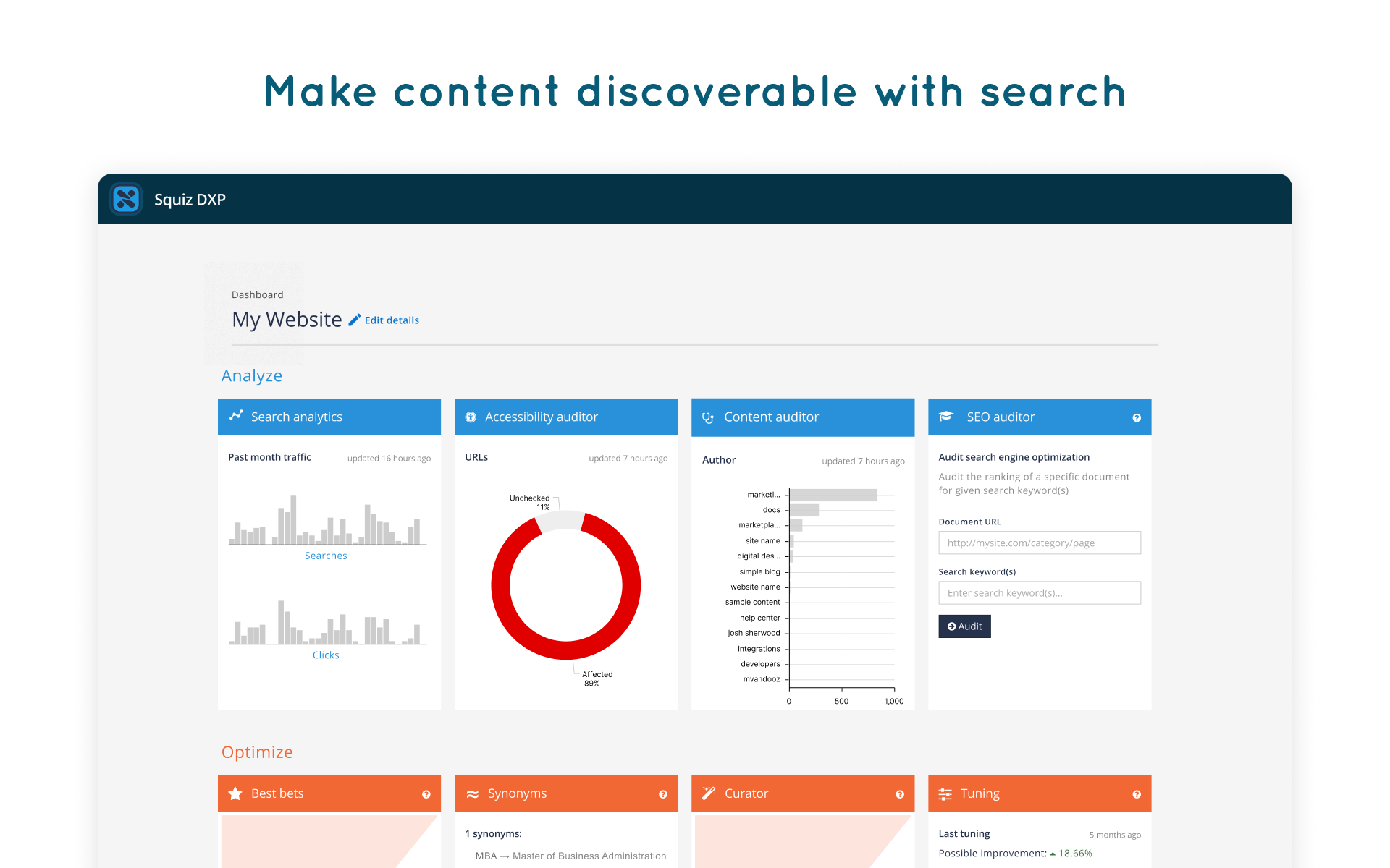 Squiz Digital Experience Platform Software - Set up and manage your search, results and reporting with your Search Dashboard. Curate and tune search results to serve your users relevant content and drive specific actions on your sites.