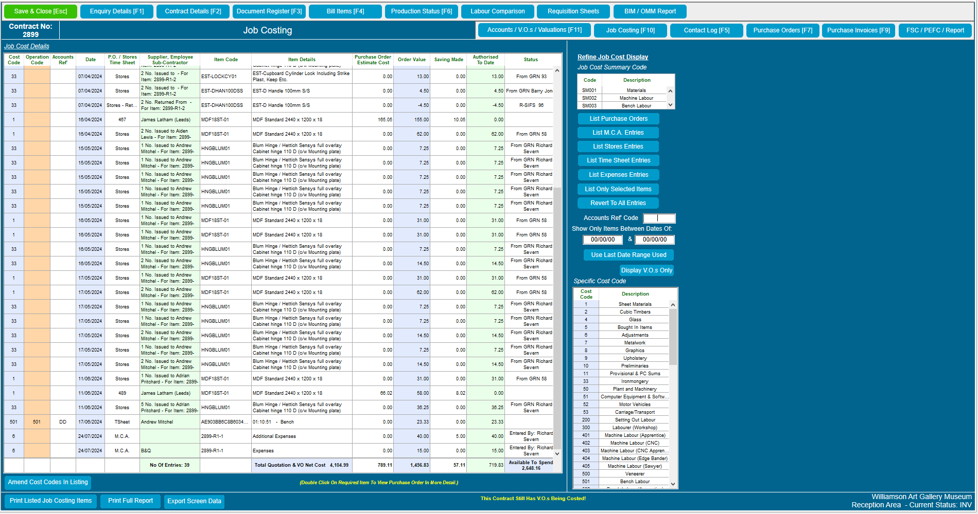 Contract Controller Software - As soon a purchase order is issued, the cost is shown as an order value / committed cost. This allows contracts and accounts to check that all costs are as expected, rather than waiting for purchase invoices to arrive after the event.