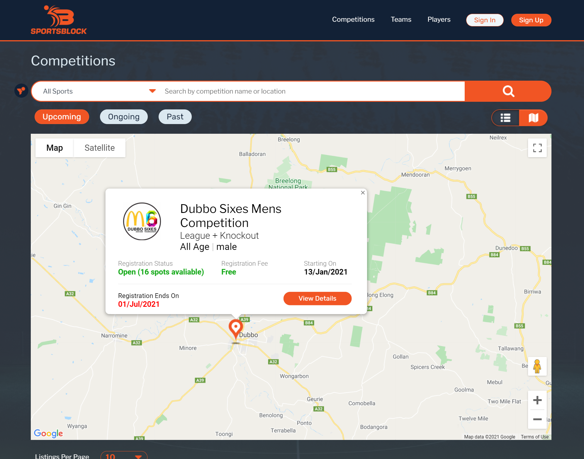 Competitions can be searched for on a map view in the usersarea-thumb