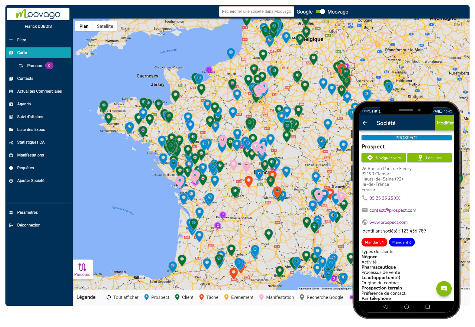 Moovago screenshot: Gérez votre portefeuille client depuis une carte interactive