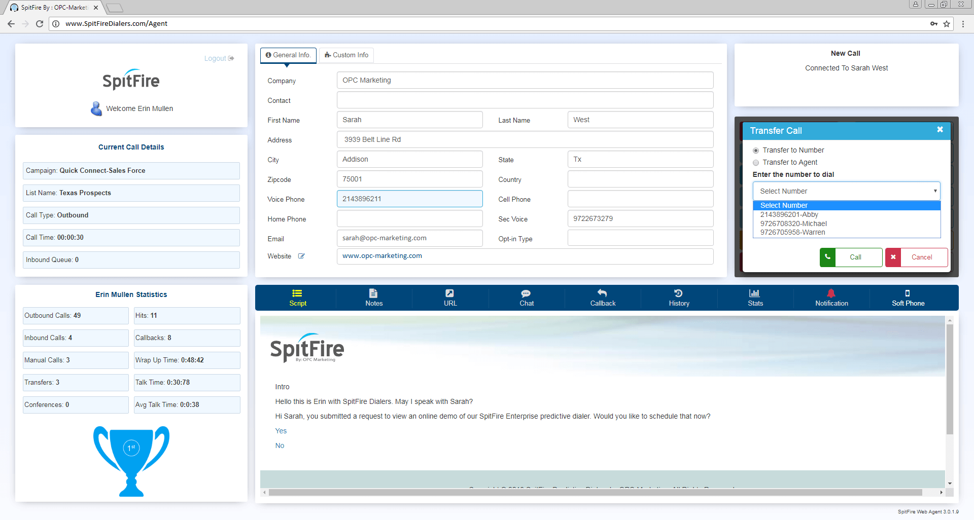 SpitFire Enterprise Transfer Calls