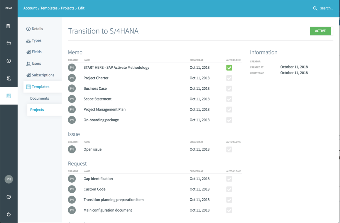 Streamline projects by using available and enhancing your own project templates (incl. document templates and custom fields)