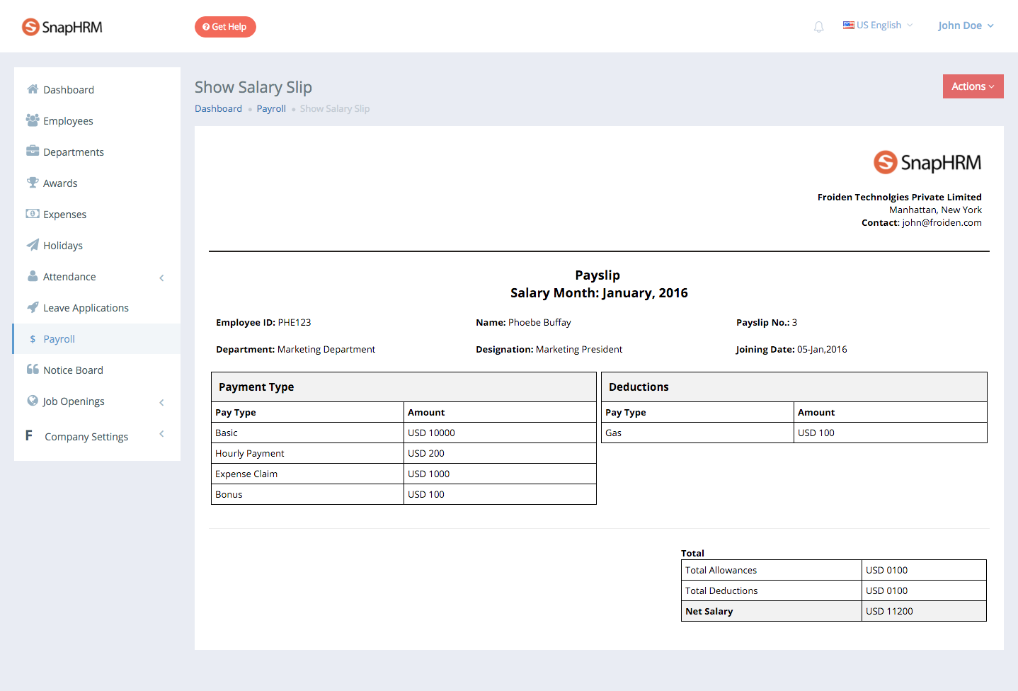 SnapHRM Software - Salary slip