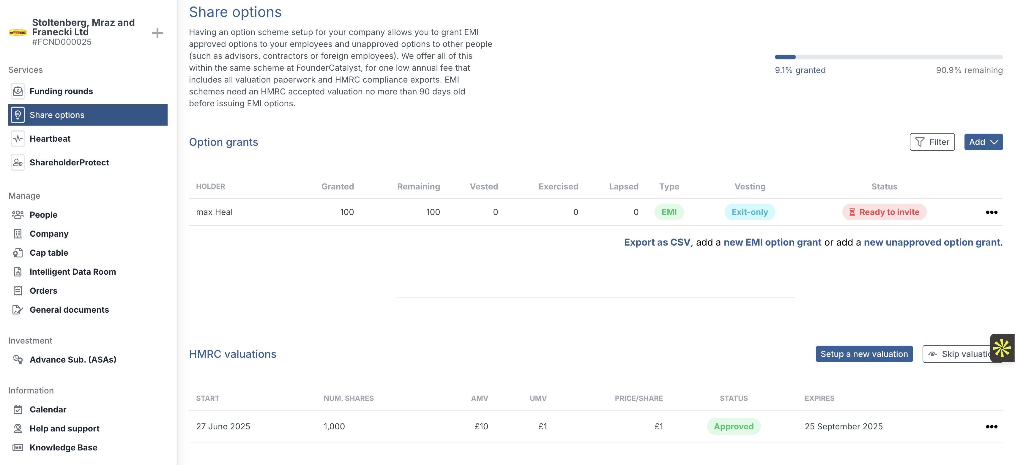 FounderCatalyst screenshot: FounderCatalyst company dashboard