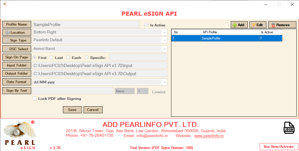 Customized Pearl eSign API Consol 
