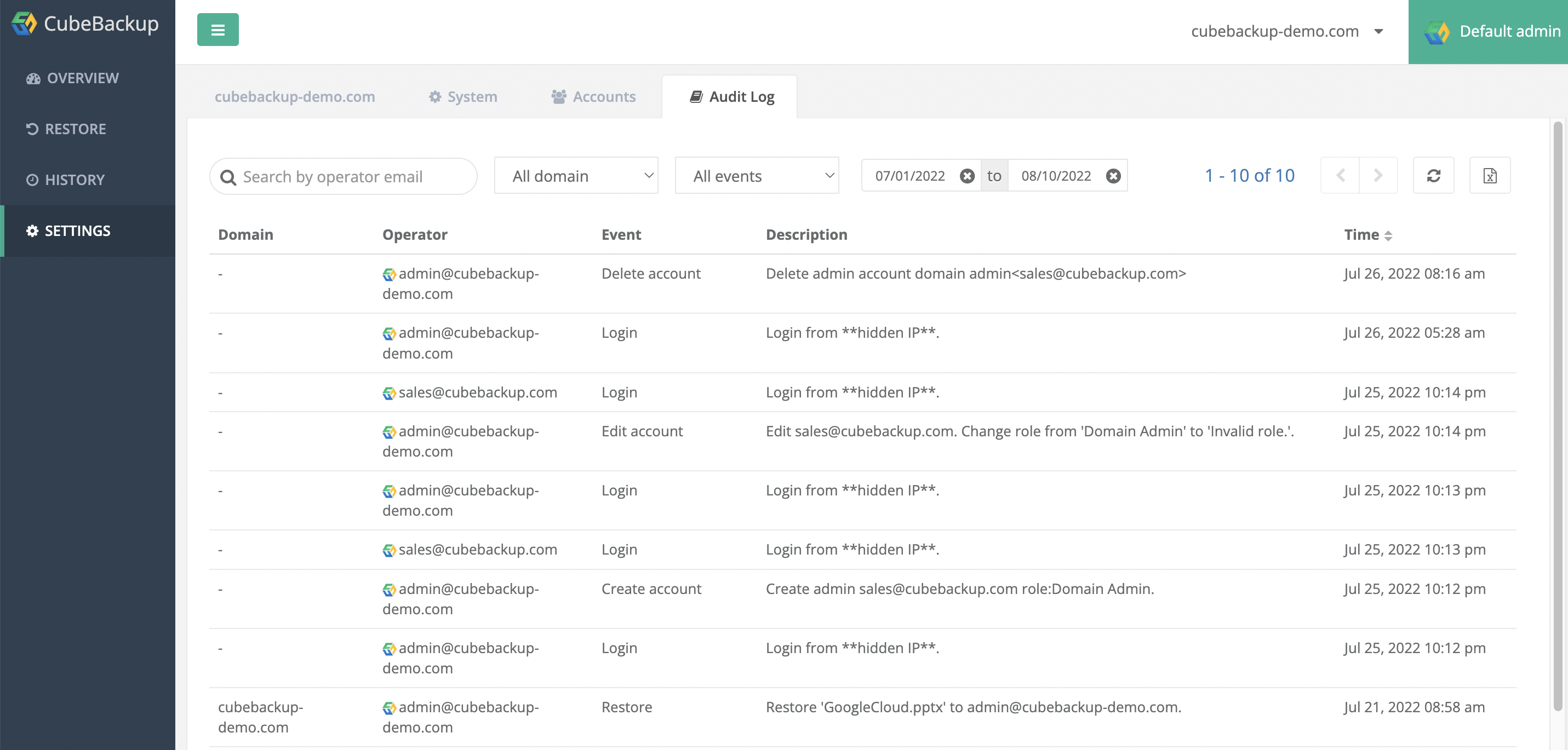 CubeBackup Software - Immutable audit log to track all operations of all users in CubeBackup