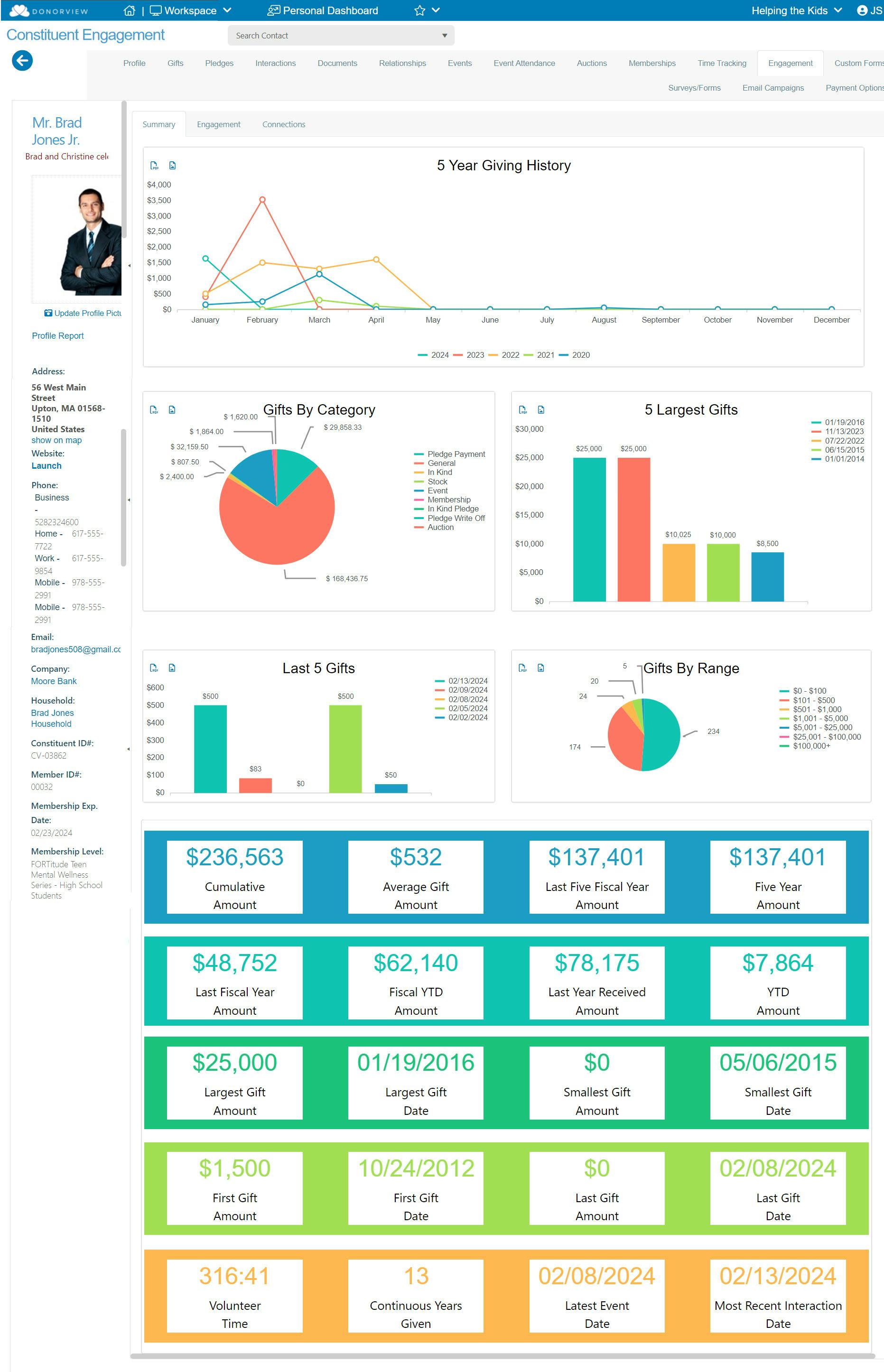 DonorView Software - Engagement overview within constituent record