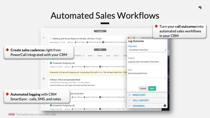 Kixie PowerCall Software - Run a second, parallel sales process that’s entirely automated by sending automated SMS messages and triggering automatic calls using information from your CRM.