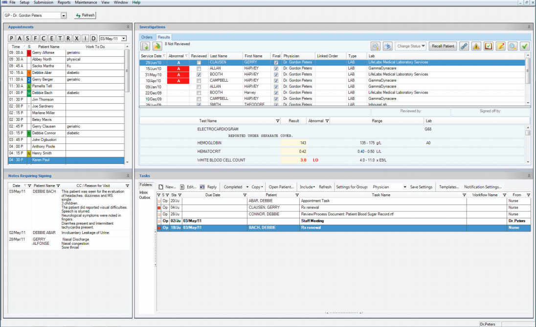 AbelMed screenshot: ABELMed's dashboard gives users an overview of their appointments for the day, lab results received, and tasks requiring action