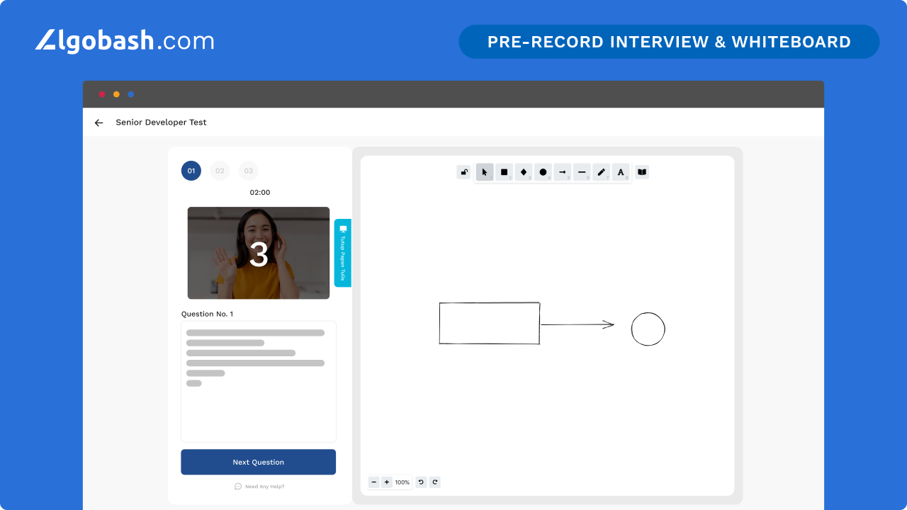 Pre-record video interview and whiteboard simulation, suitable for all vacancies and technical interview