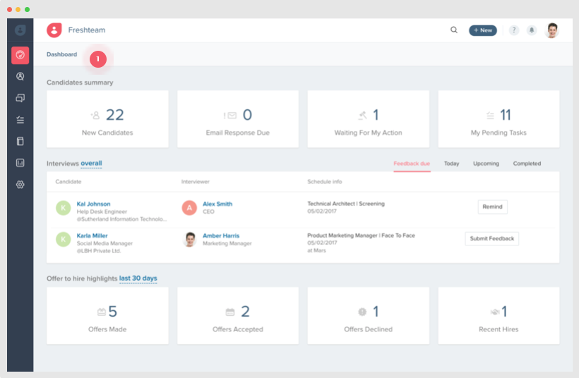Freshteam Software - The dashboard gives an overview of new candidates, pending tasks, offer highlights, and more