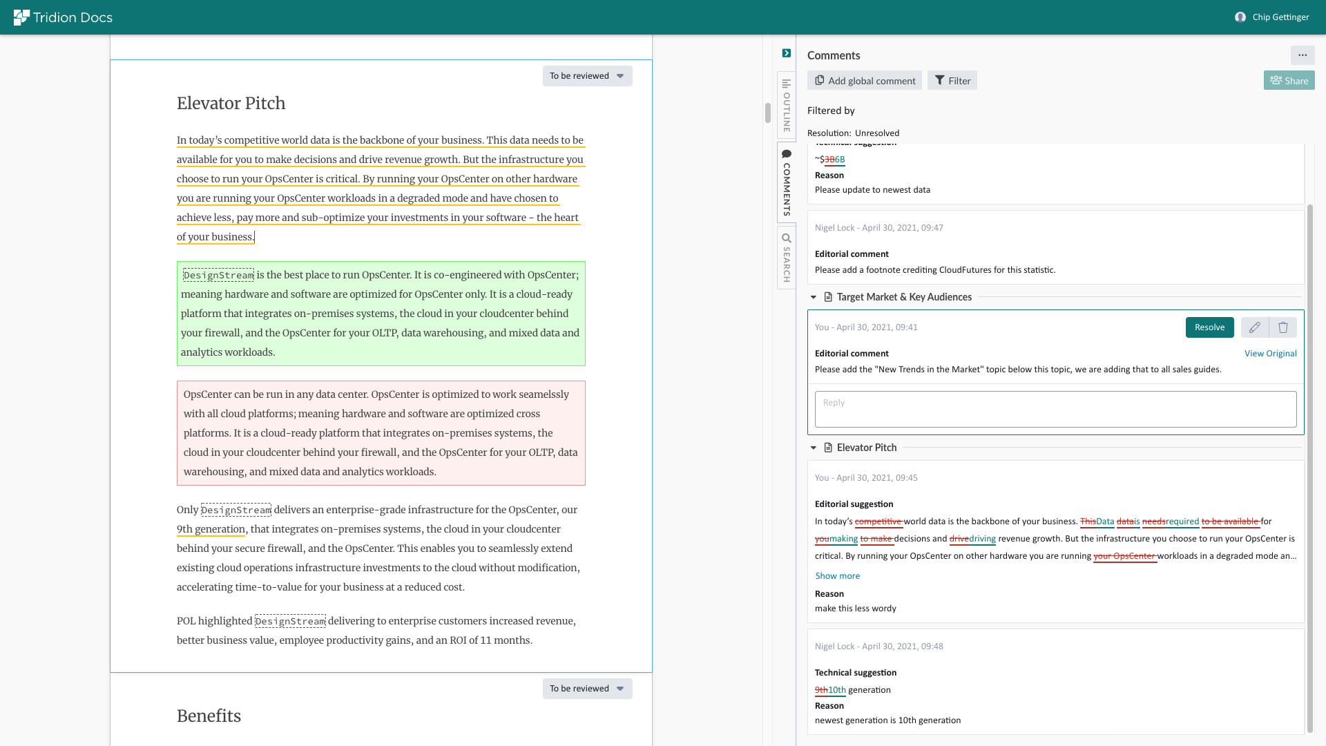 Subject matter experts and reviewers use the Review Space module to collaborate on content within an intuitive interface. This tool presents reviewers with a comments panel showing feedback and collaboration from other people.