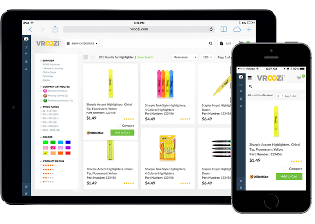 Vroozi screenshot: Vroozi’s modern and mobile marketplace provides employees an intuitive e-commerce interface and a powerful search engine to purchase products and services at speed and scale.