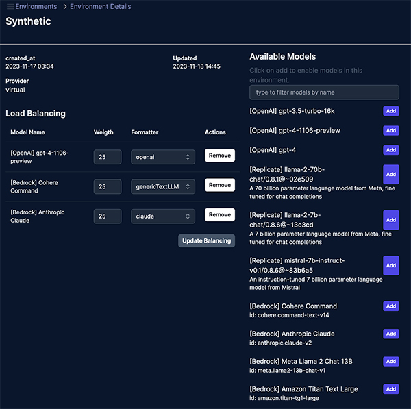 Vertesia screenshot: Synthetic LLM redefines the way tasks are distributed across multiple Large Language Models (LLMs) from diverse providers like OpenAI, Huggingface, Bedrock, and Replicate. It includes weight-based load balancing and a robust failover system.