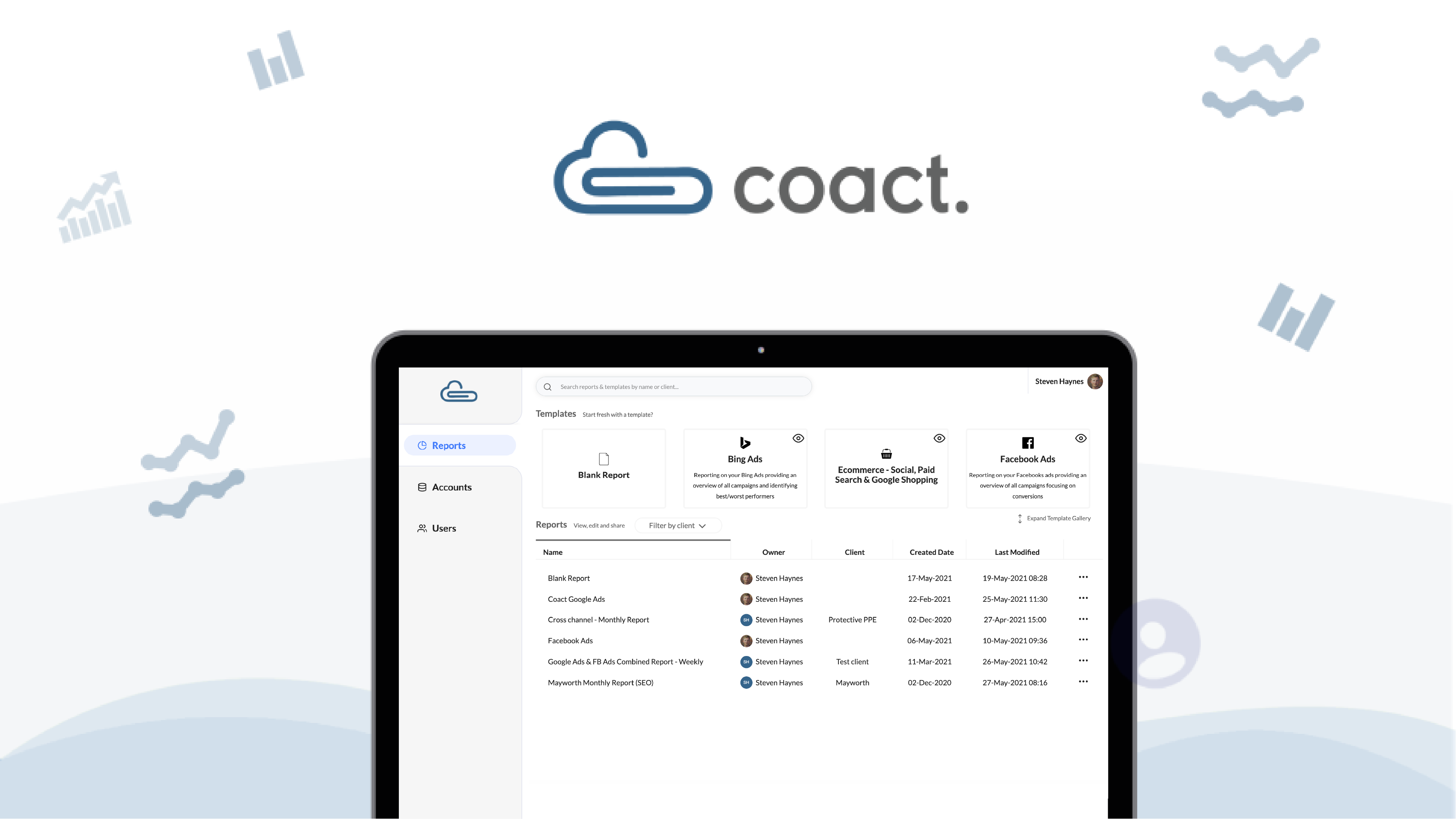Coact Software - Coact's admin dashboard, used for creating new reports and managing existing reports