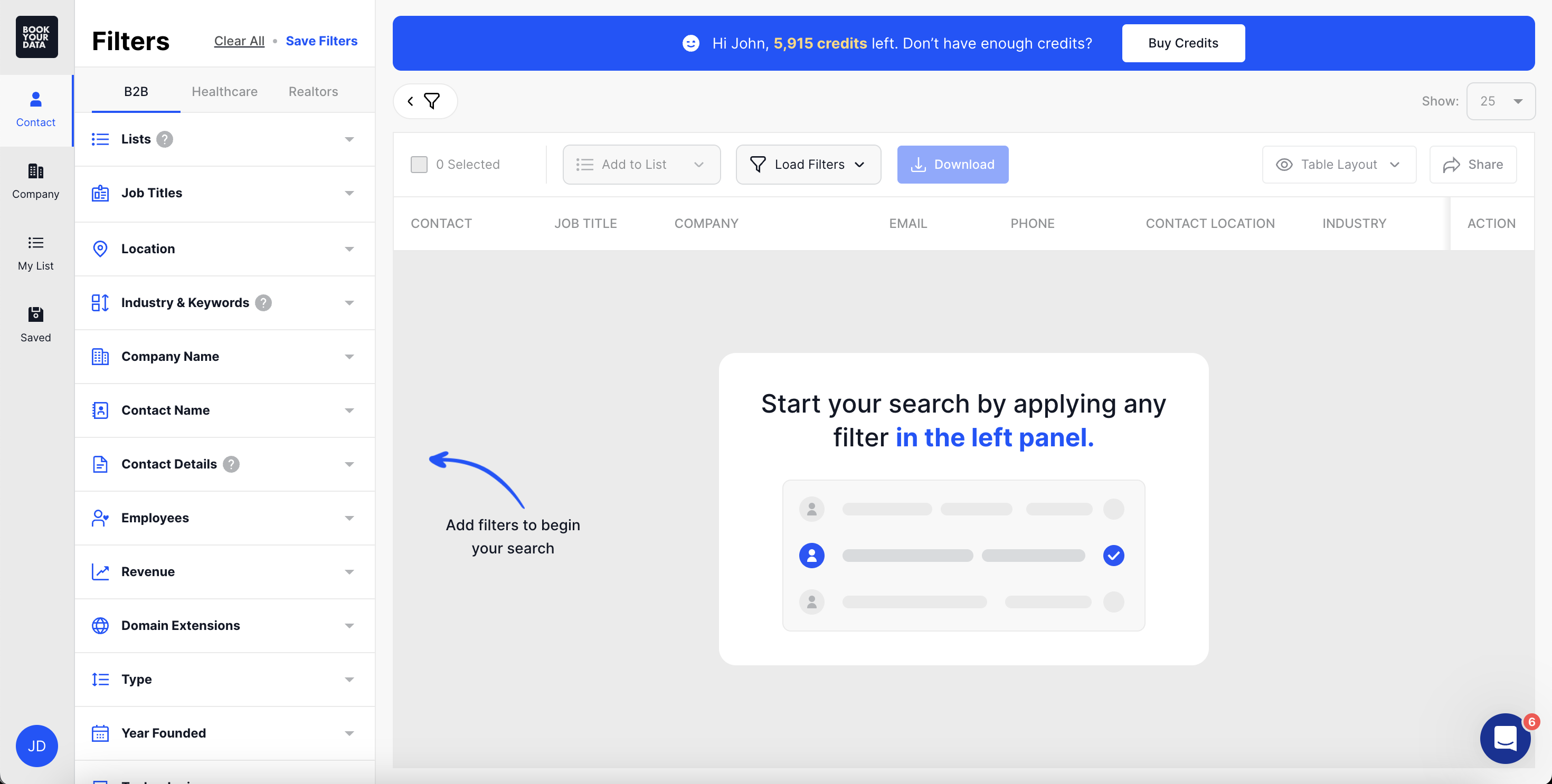 Bookyourdata screenshot: Prospector - General