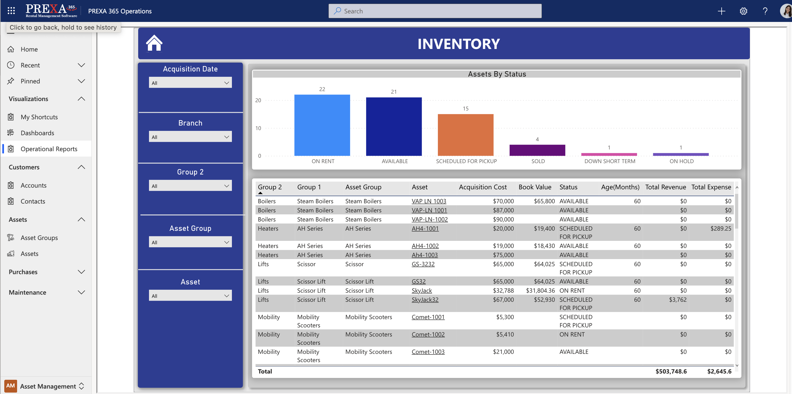 An Operational Report. It provides insights into the performance of various operational aspects of business. You will be able to filter all data - including Inventory List, Inventory Lost, Preventive Maintenance, Service Orders, Closed and Open Contracts,